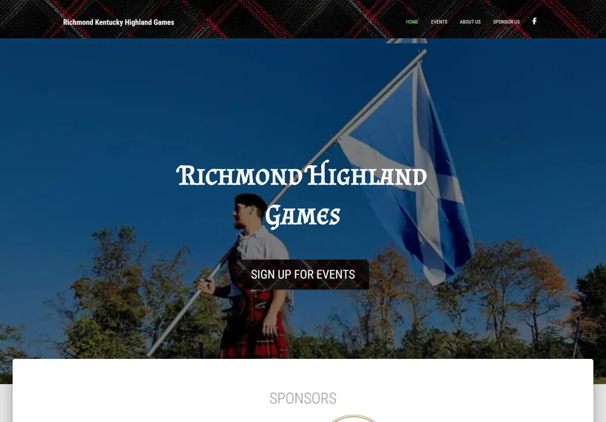 Homepage hero with plaid-styled CTA for event sign-ups