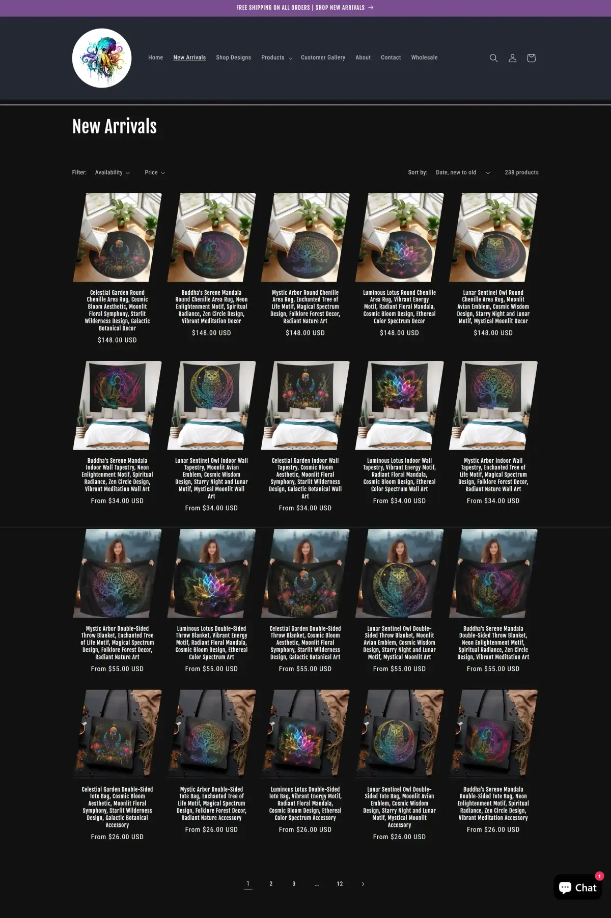 New Arrivals collection displaying rugs, tapestries, and blankets with color harmony