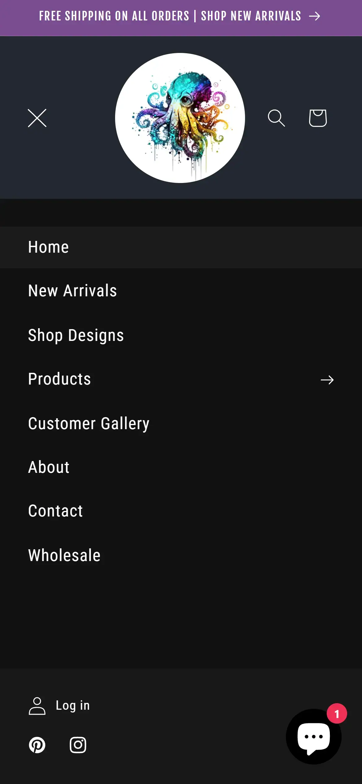 Mobile navigation menu displaying product categories and social icons