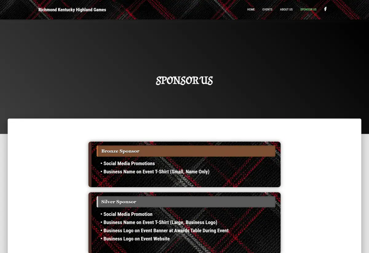 Sponsor tiers displayed as scannable cards on a plaid background