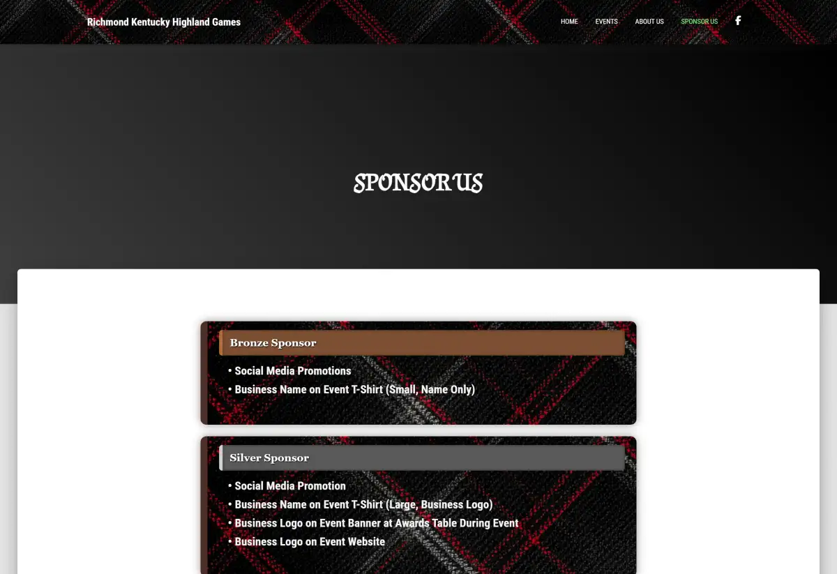 Sponsor tiers displayed as scannable cards on a plaid background