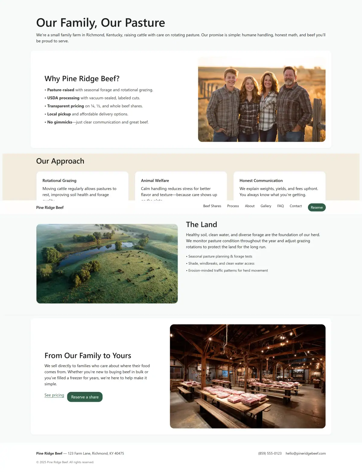 About page with family photo and approach cards