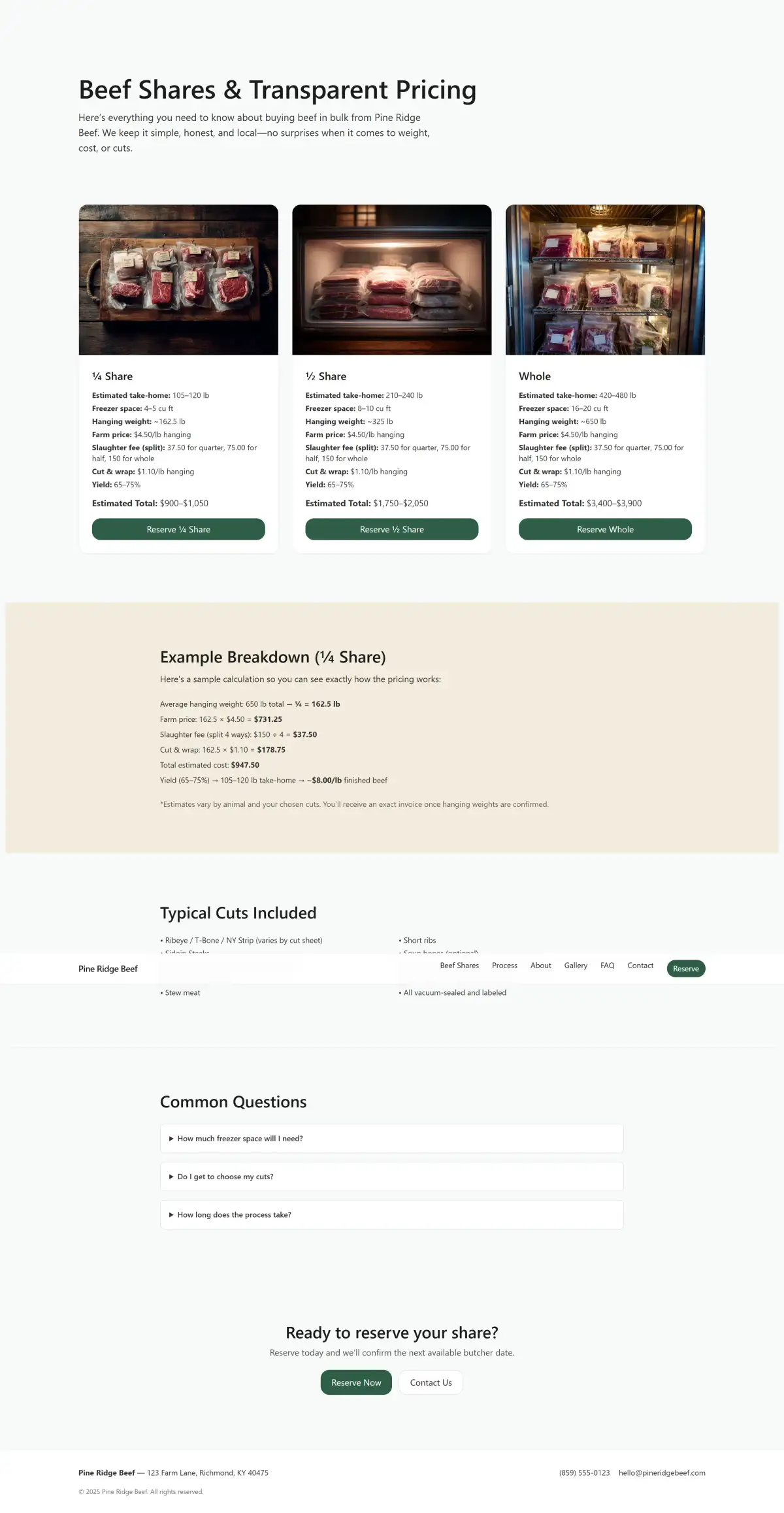 Transparent pricing cards for quarter, half, and whole beef shares