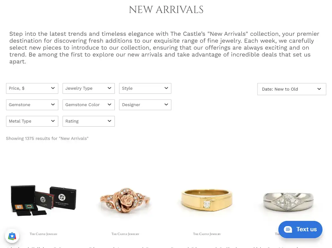 New Arrivals collection with filters and fast-loading product grid