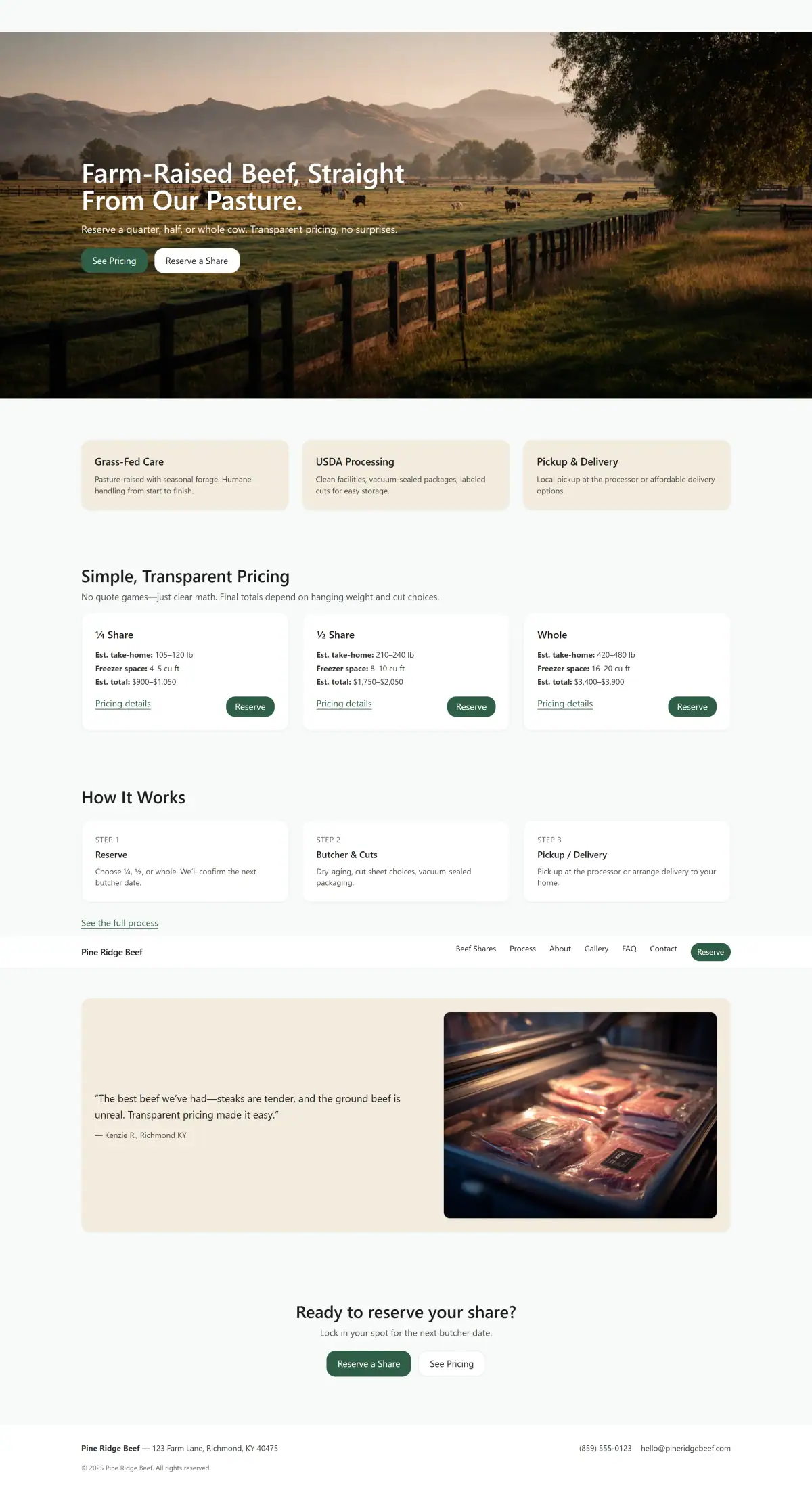 Homepage hero with pasture scene, clear value props, and primary CTAs