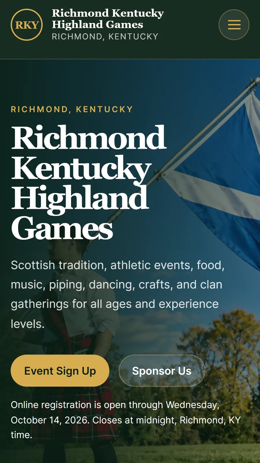Current mobile homepage with Scottish flag photo and event sign-up button