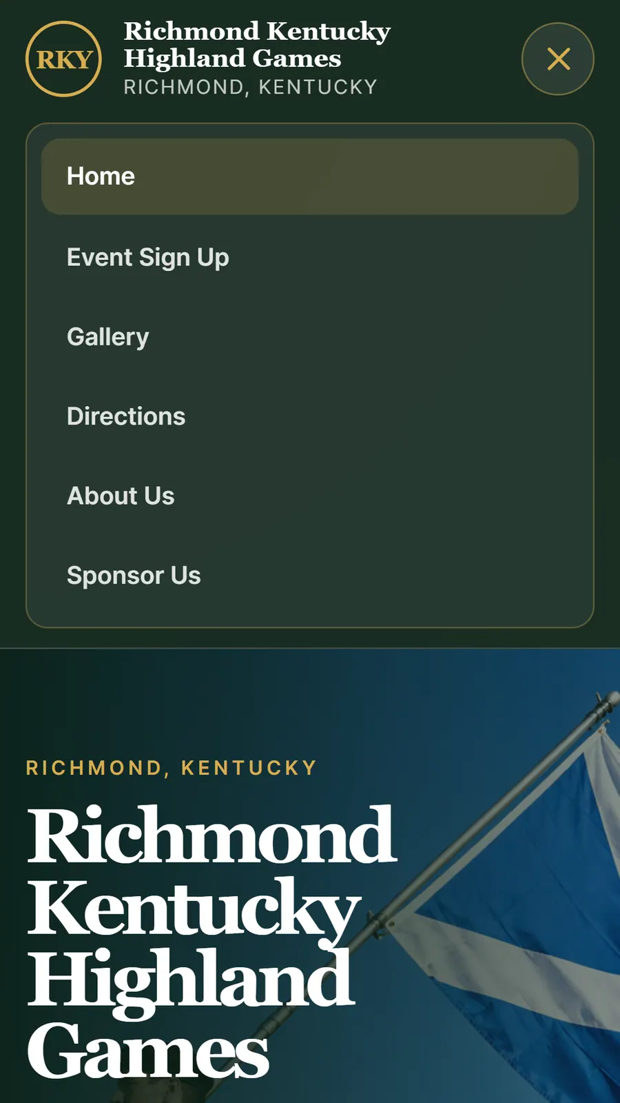 Current mobile navigation menu with event and sponsor links