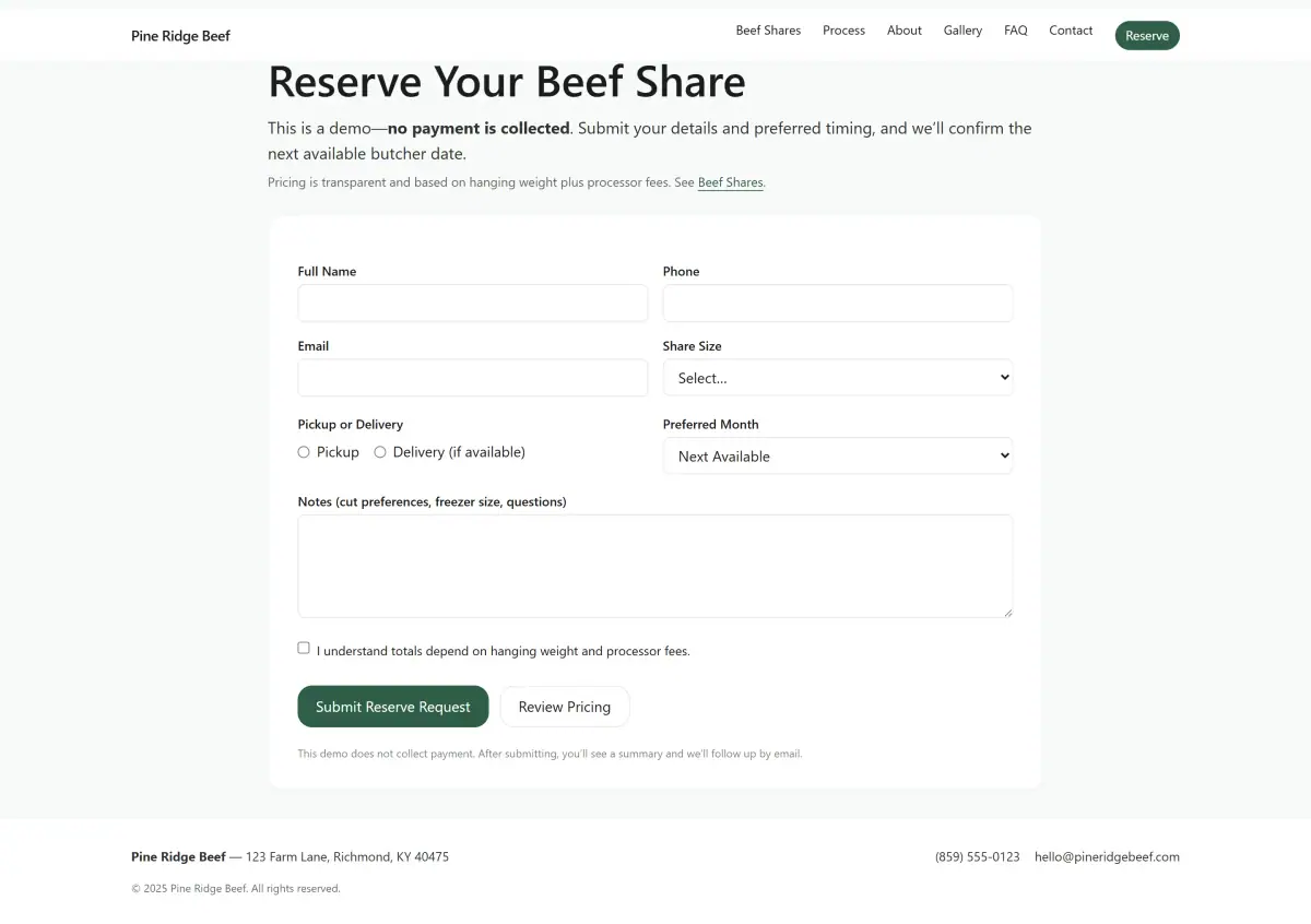 Reserve form collecting share size, timing, and notes