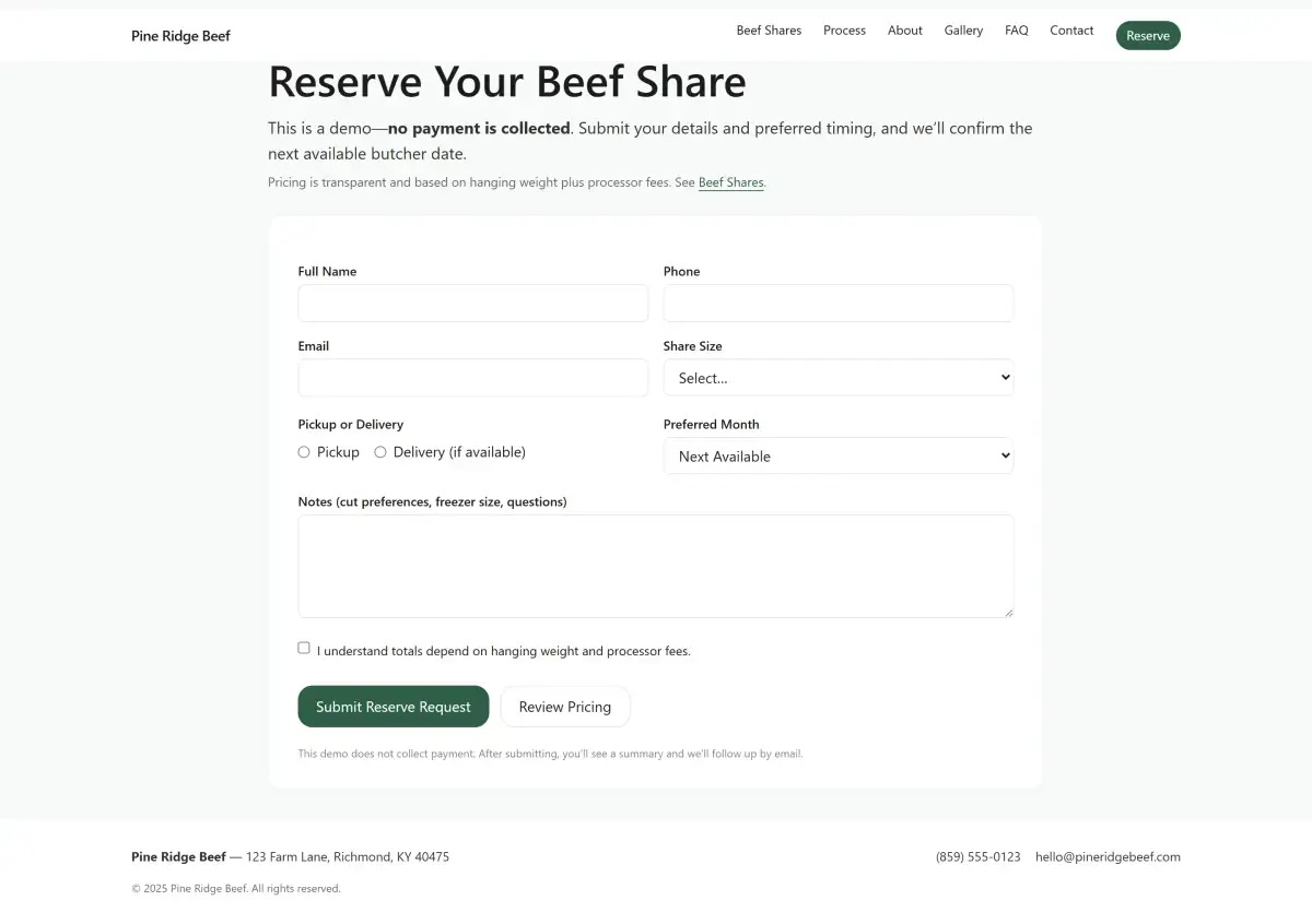 Reserve form collecting share size, timing, and notes