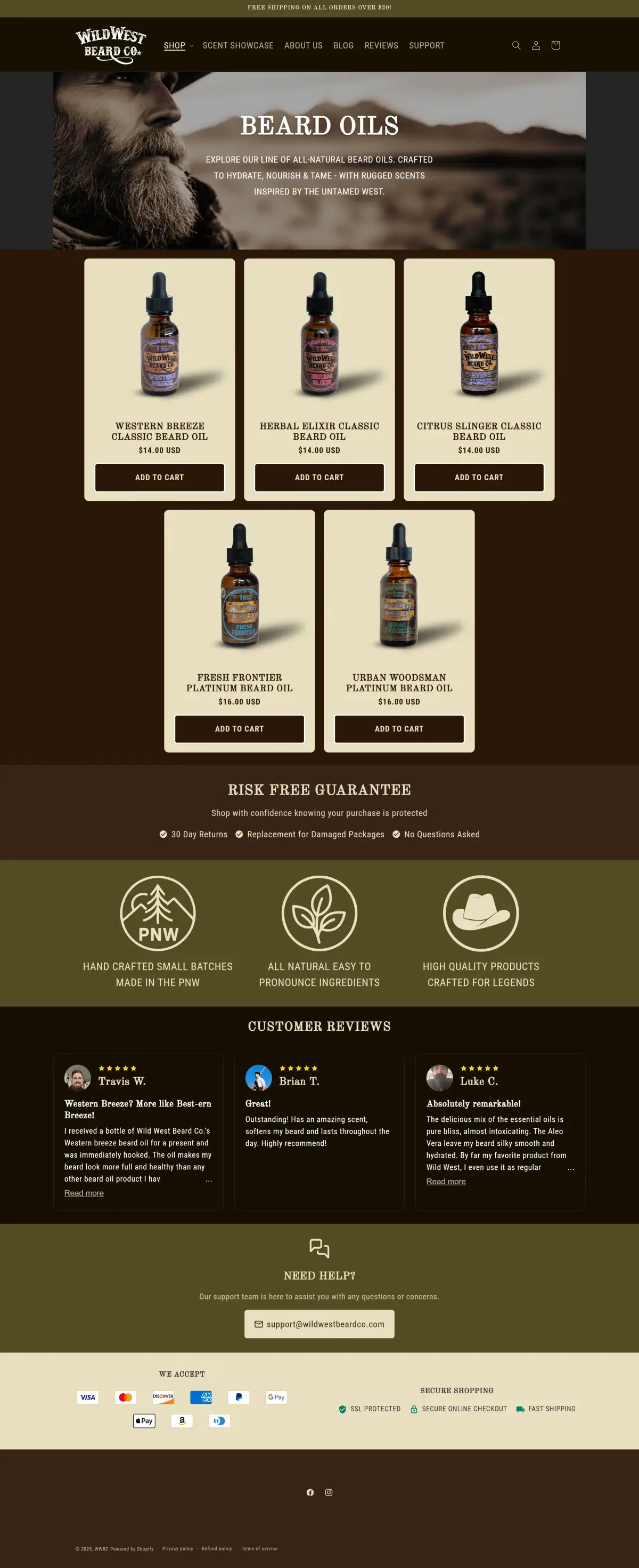 Beard oils collection displaying product grid and PNW-inspired branding