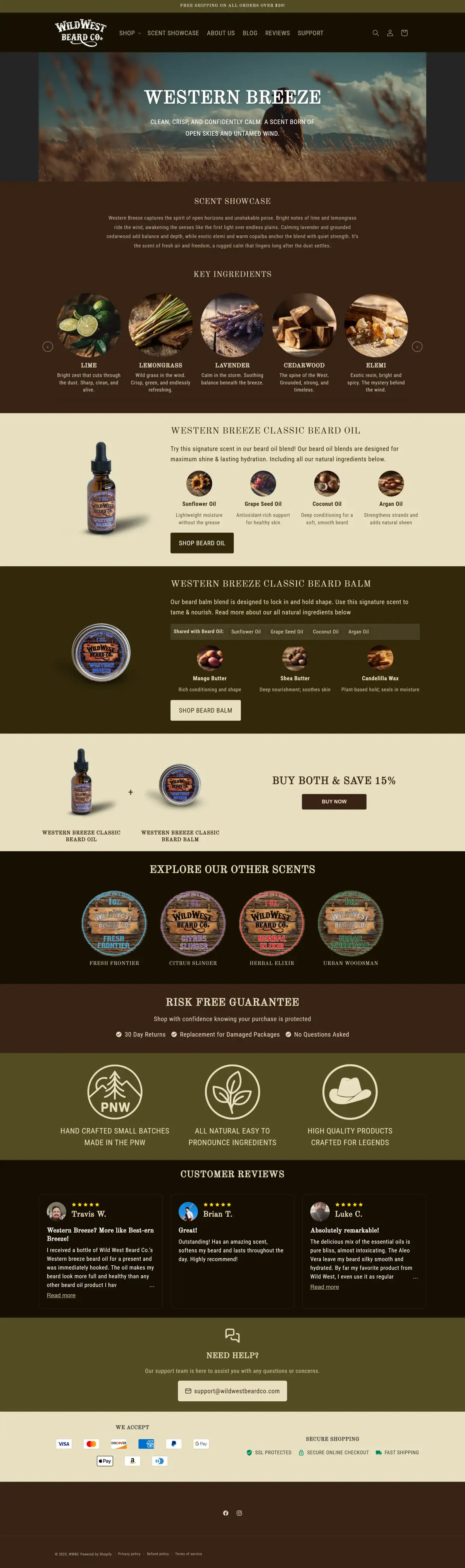 Western Breeze scent page featuring ingredient showcase and paired products