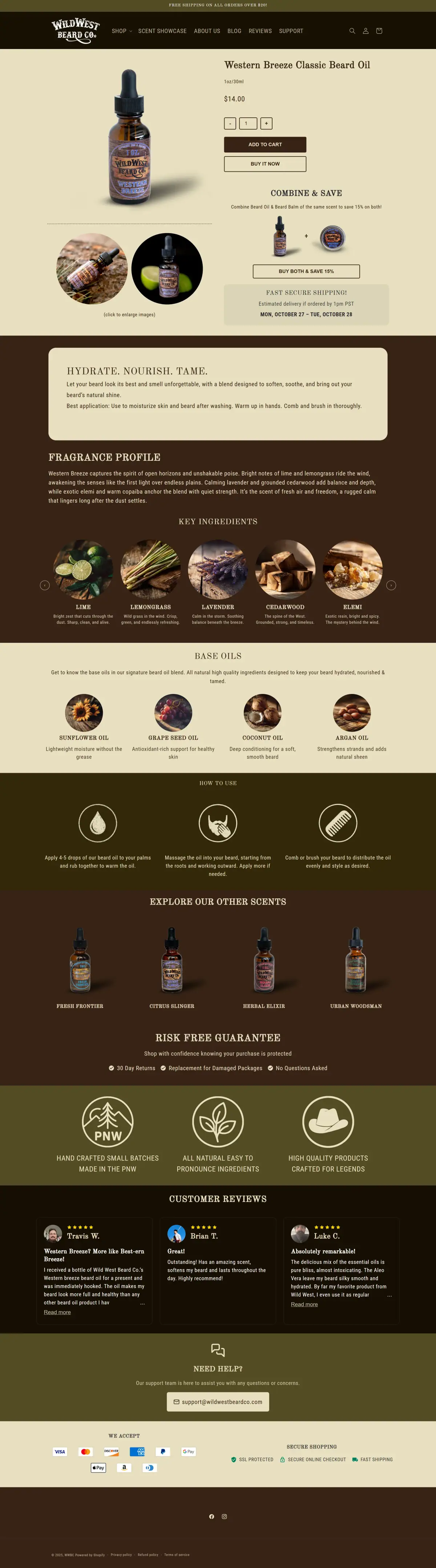 Product page for Western Breeze beard oil showing metafield-driven combo offer