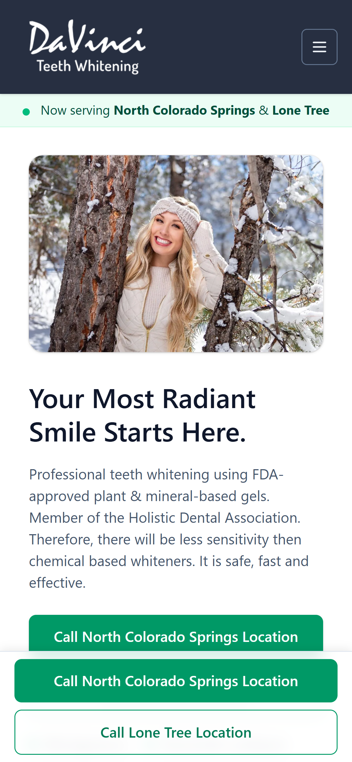 Home page mobile layout featuring hero, radiant smile imagery, and CTA buttons