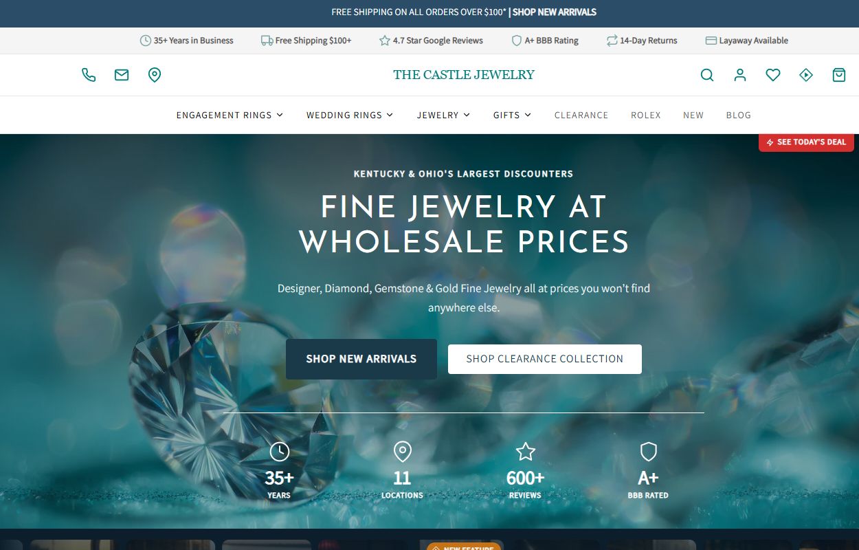 Current Castle Jewelry homepage with jewelry hero, shopping calls to action, and trust signals